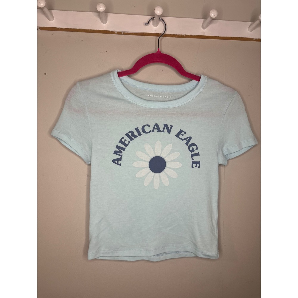 American Eagle Daisy Graphic Baby Tee Light Blue Y2K Crop Top Medium